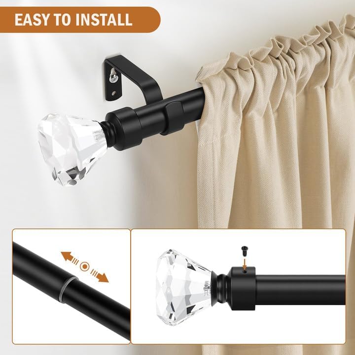 Knobelite Adjustable Single Curtain Rod with Crystal Finials