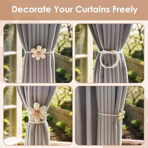 Magnetic Curtain Tiebacks 2 Pack Boho Flower Design Cream Beige