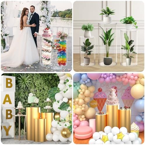 3PCS Clear Cylinder Stands with Gold Cover for Party Displays
