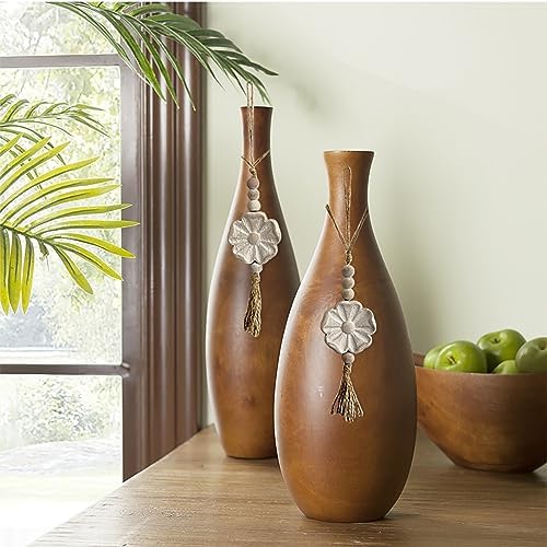 2pcs Carved Floral Tassels with Farmhouse Wood Beads