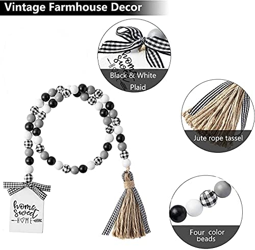 Farmhouse Plaid Wood Bead Garland with Tassel 40 Inch Decor