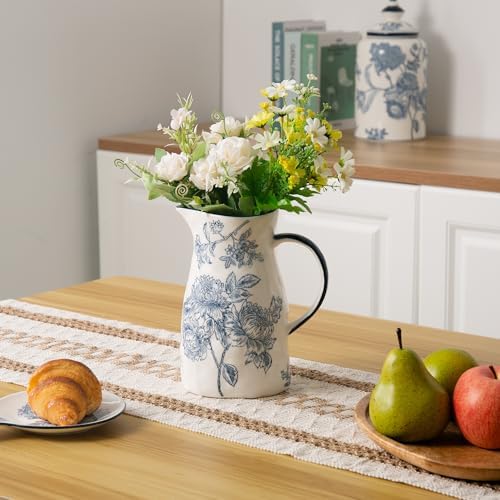 Classic Ceramic Pitcher Vase Blue and White Decor with Handle