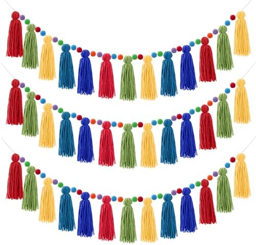 Syhood 3 Pcs Rainbow Tassel Garland with Pom Pom