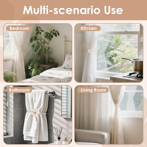 Magnetic Curtain Tiebacks 2 Pack Boho Flower Design Cream Beige