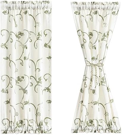 VOGOL Beige Panel Curtains with Green Vines Embroidery for French Doors
