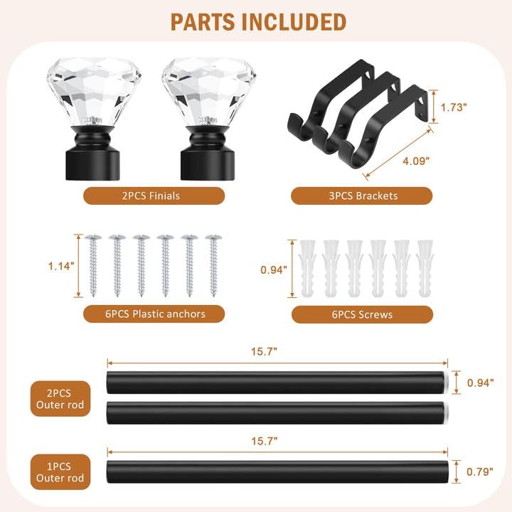 Knobelite Adjustable Single Curtain Rod with Crystal Finials