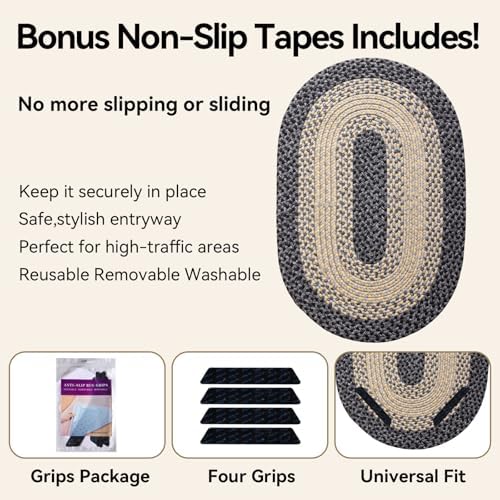 Oval Braided Rug 2x3 with Anti-Slip Pads