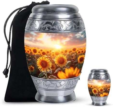 Sunflower Twilight Urn Set - Large Urn with Velvet Bag and Small Urn