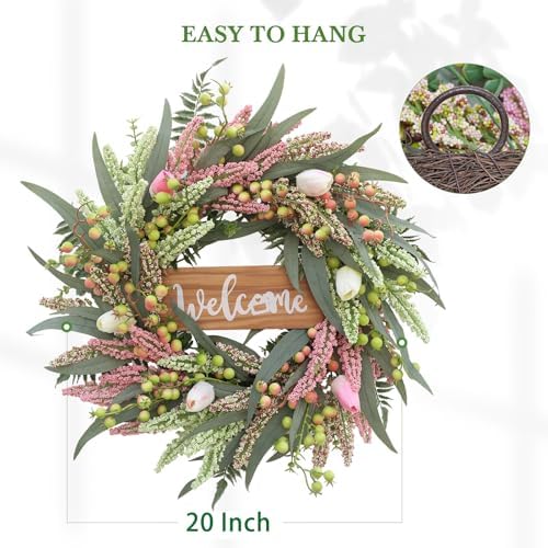 20 Inch Spring Summer Tulip Door Wreath with Berries and Cattails