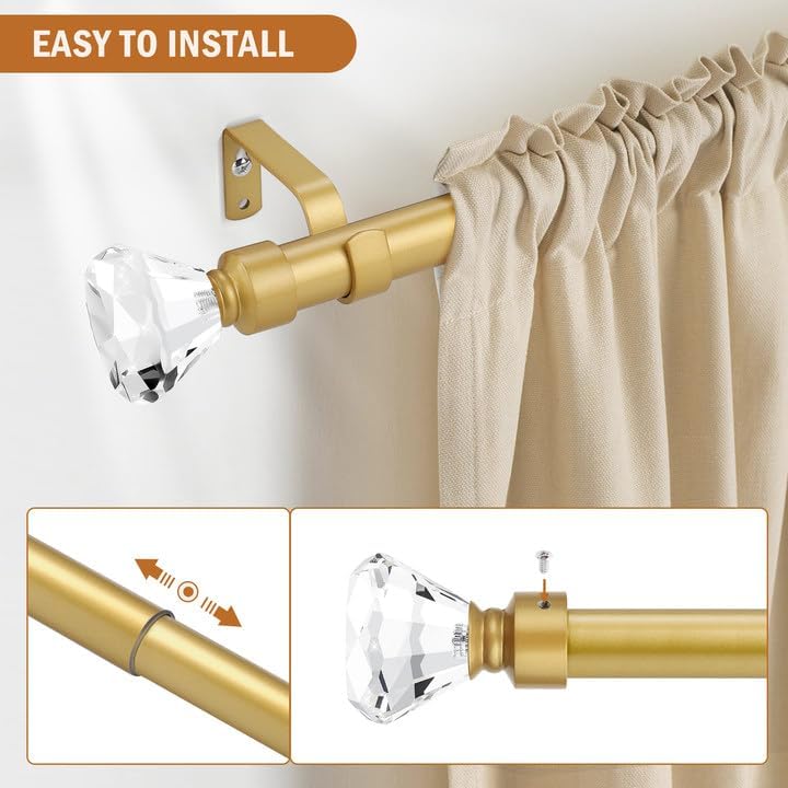 Knobelite Gold Single Rod Curtain Rod with Crystal Finials