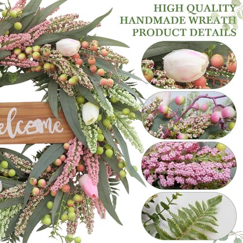 20 Inch Spring Summer Tulip Door Wreath with Berries and Cattails