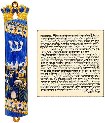 TALISMAN4U Blue Enamel Mezuzah Case with Gold Plated Crystals and Hebrew Scroll
