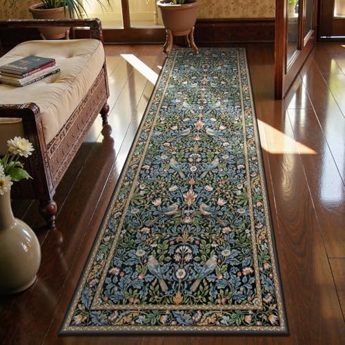 Morebes Boho Floral Hallway Runner Rug 8ft Navy Blue