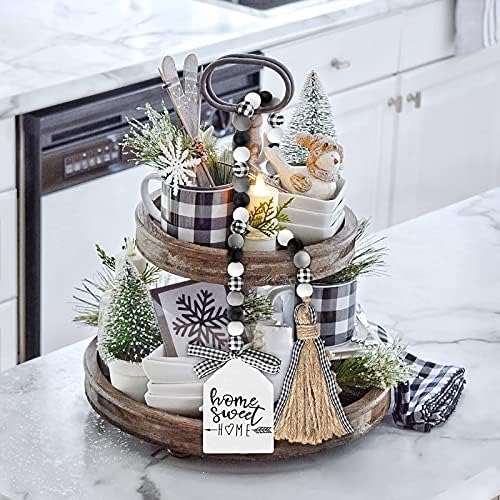 Farmhouse Plaid Wood Bead Garland with Tassel 40 Inch Decor
