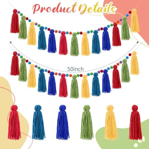 Syhood 3 Pcs Rainbow Tassel Garland with Pom Pom