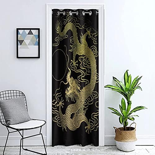 Gold Dragon Print Door Curtain Panel 39x78 Inches