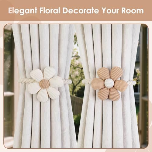 Magnetic Curtain Tiebacks 2 Pack Boho Flower Design Cream Beige