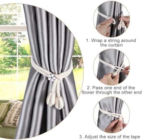 4 Piece Hand-Woven Cotton Curtain Tiebacks with Floral Buckles