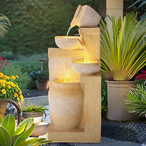 4-Tier Indoor Outdoor Water Feature Fountain with LED Lights Yellow