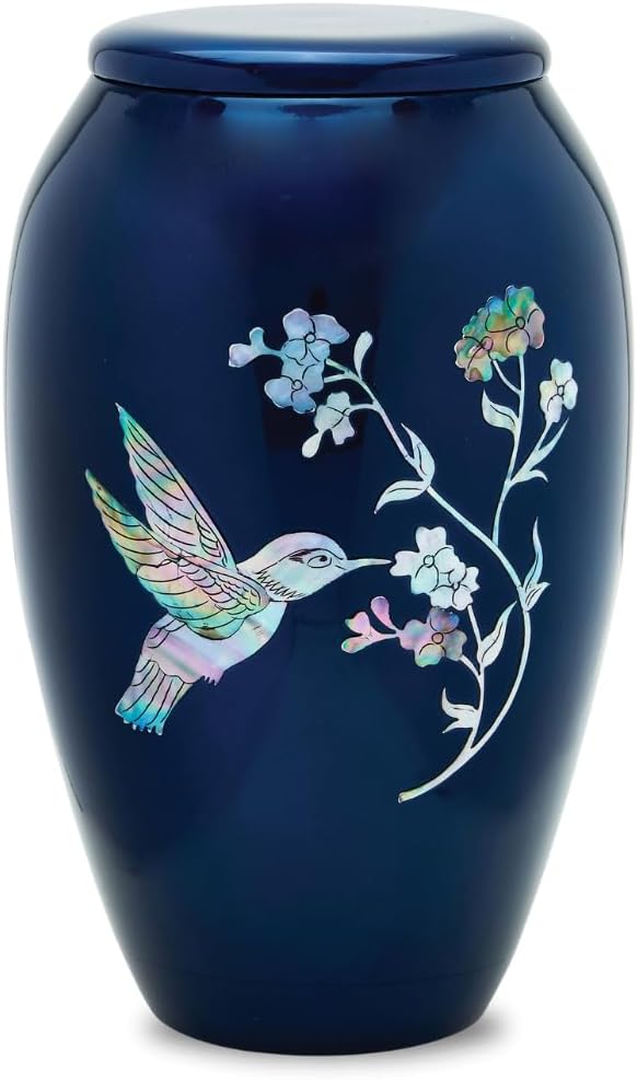 Blue Hummingbird Decorative Urn with Mother of Pearl