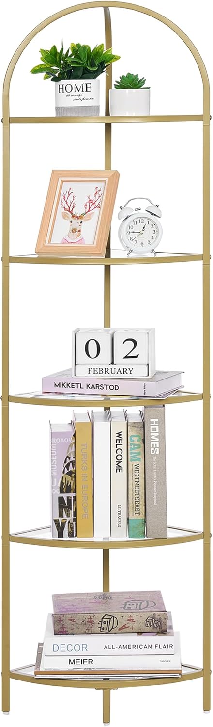 Homhedy 5-Tier Corner Shelf Stand with Gold Finish