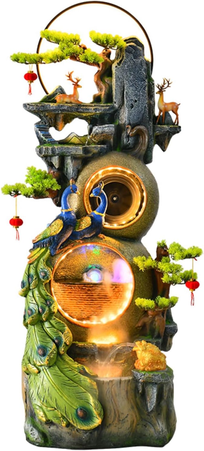 Peacock Themed Zen Water Fountain with LED Lights