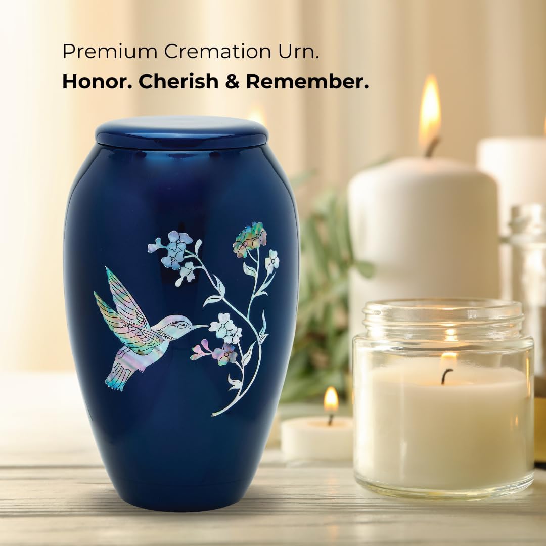 Blue Hummingbird Decorative Urn with Mother of Pearl