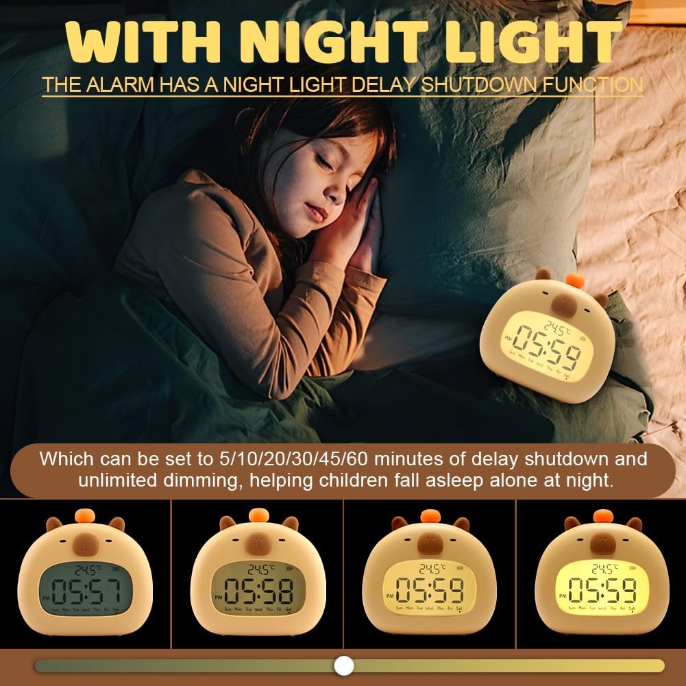 Capybara Kids Alarm Clock with Night Light and 3 Alarm Modes