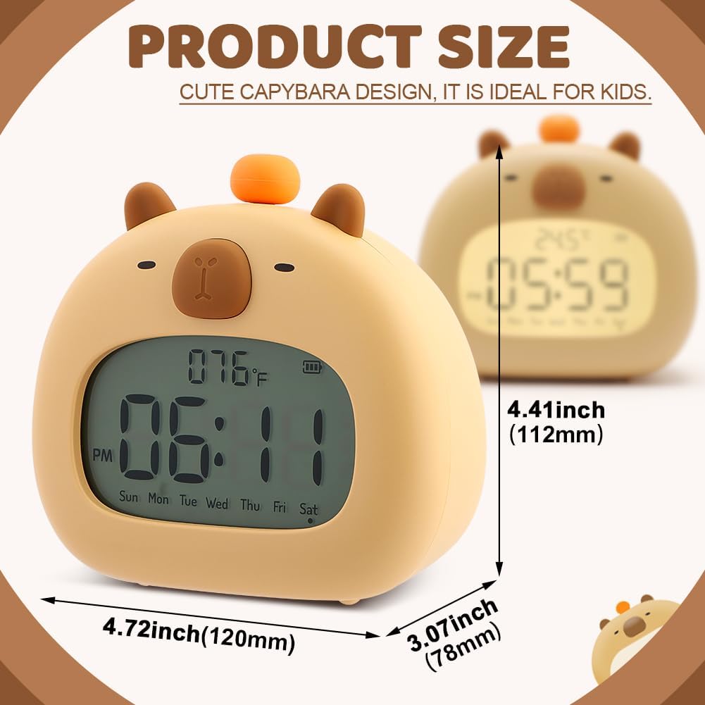 Capybara Kids Alarm Clock with Night Light and 3 Alarm Modes