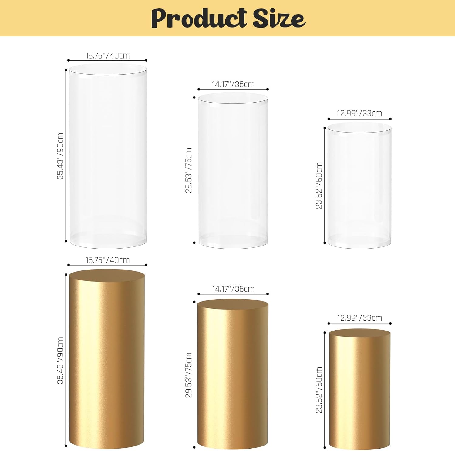 3PCS Clear Cylinder Stands with Gold Cover for Party Displays