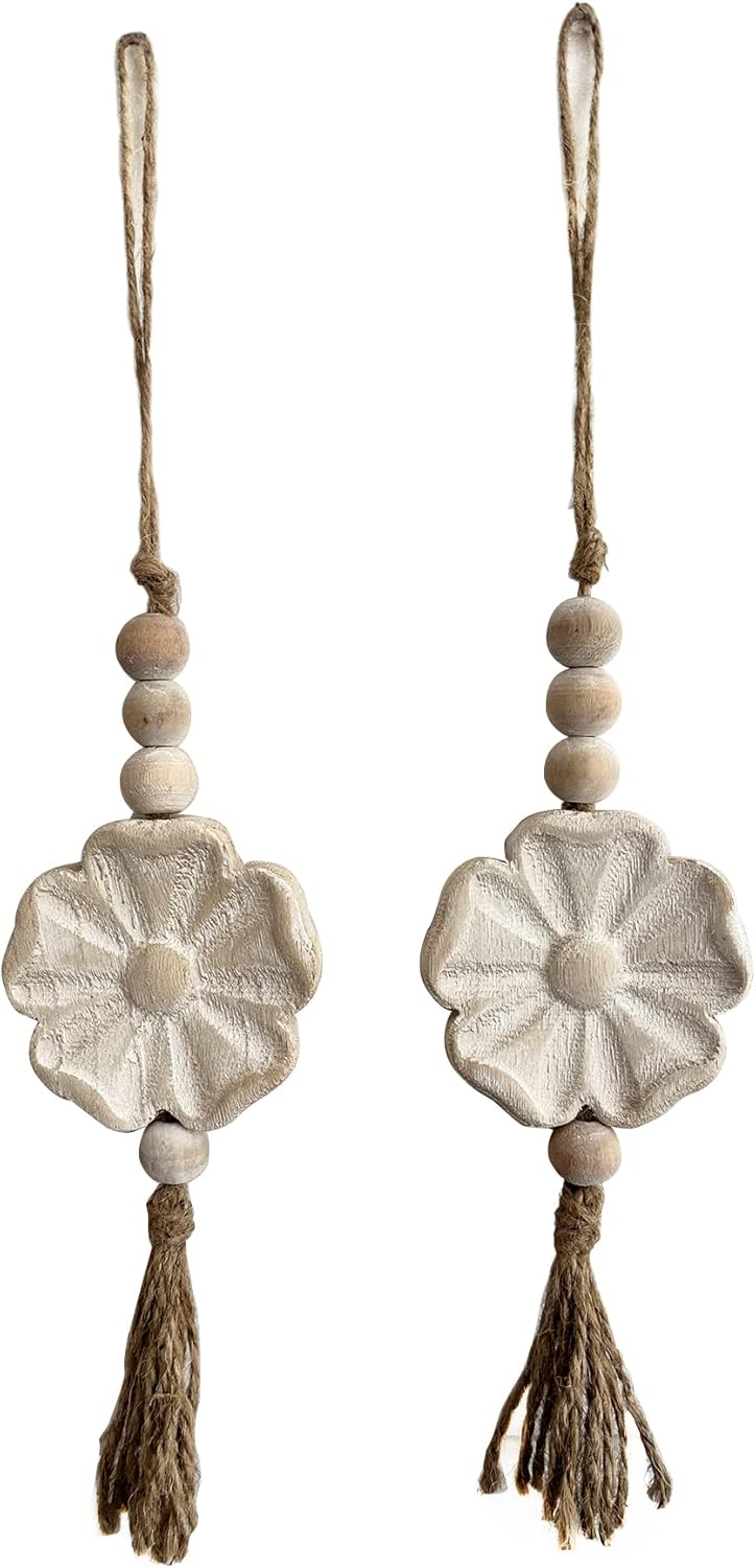 2pcs Carved Floral Tassels with Farmhouse Wood Beads