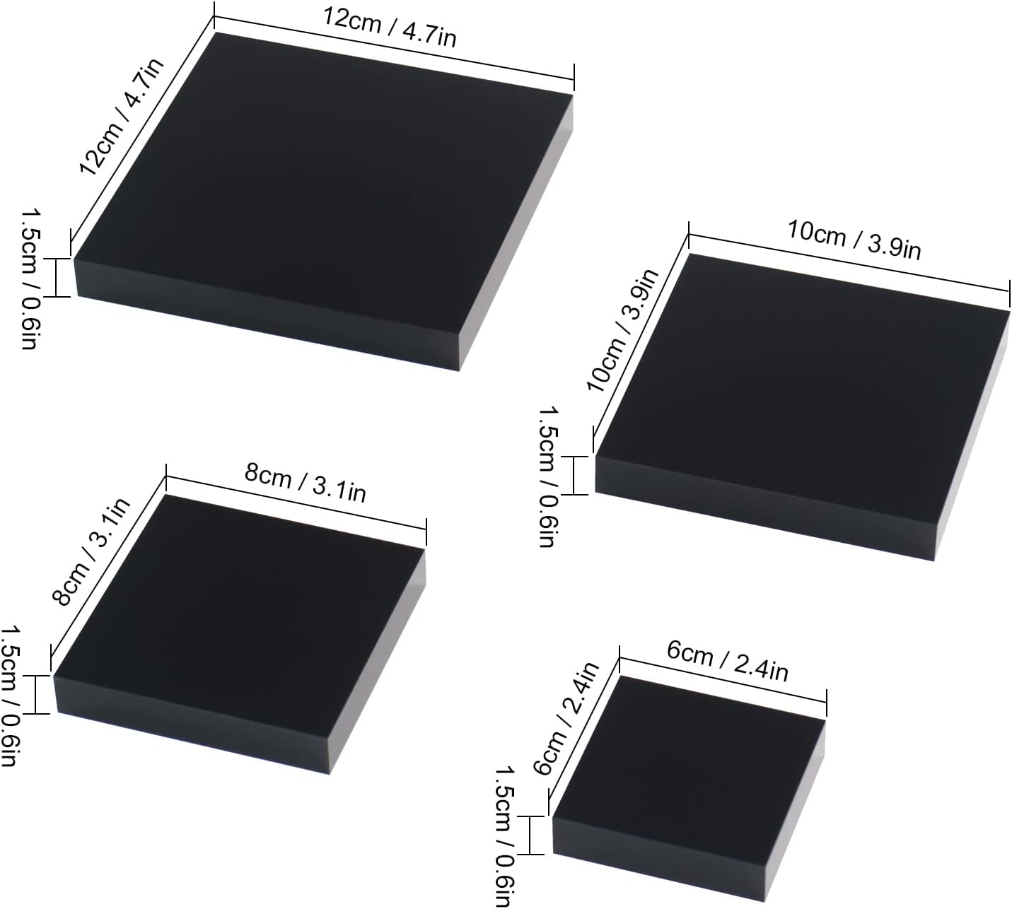 4Pcs Acrylic Square Display Stand Black Polished Cube Jewelry Showcase