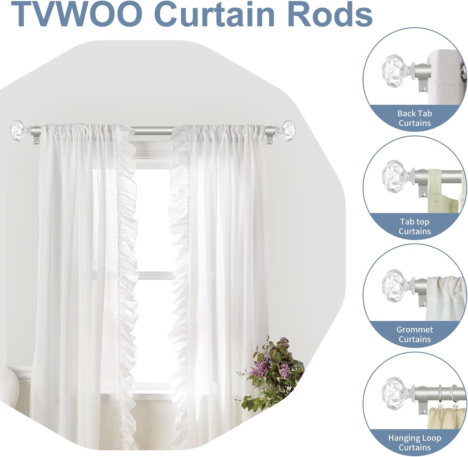 TVWOO Silver Crystal Curtain Rods 18-45 Inch Adjustable