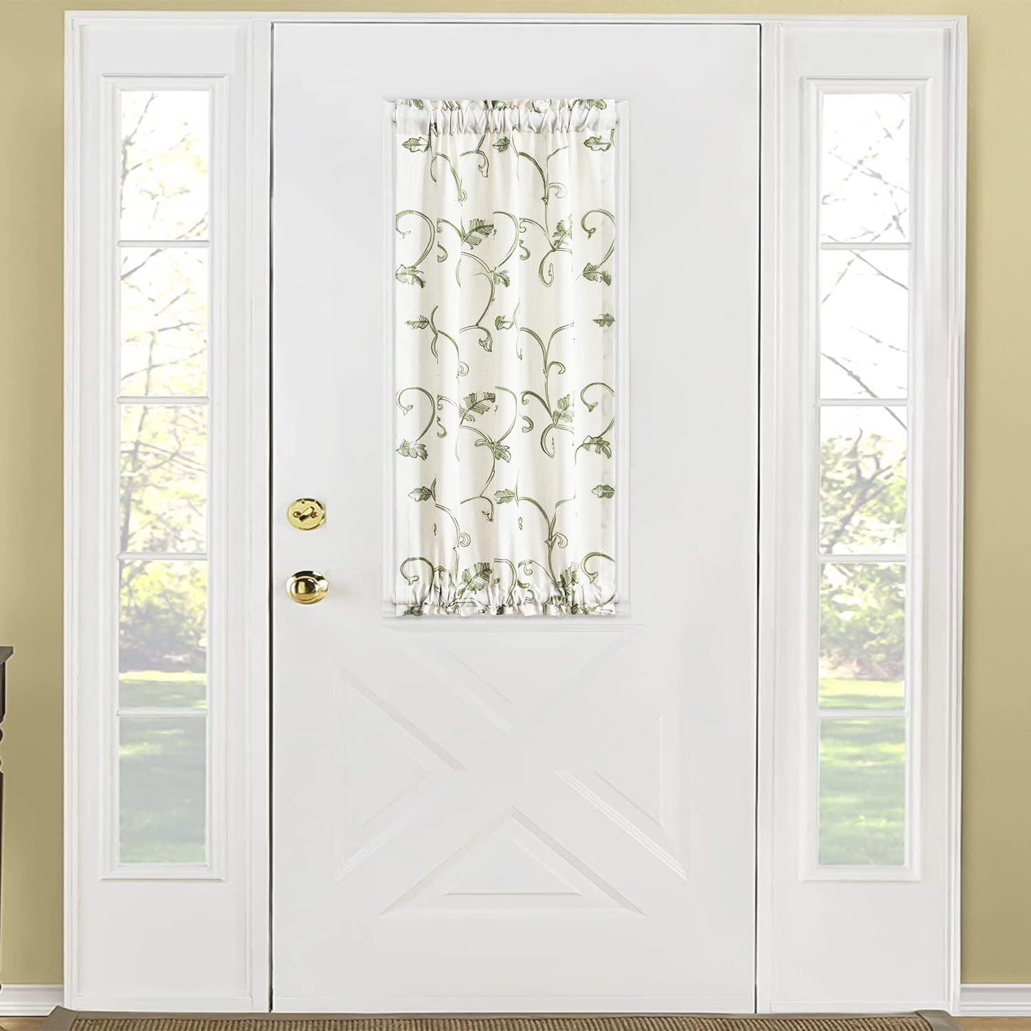 VOGOL Beige Panel Curtains with Green Vines Embroidery for French Doors