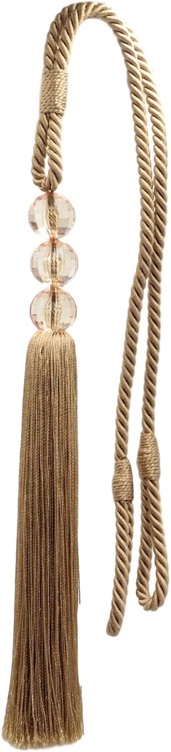 Sleek Curtain Tassel Tieback with Crystal Beads Dark Beige 95 Inch Tassel