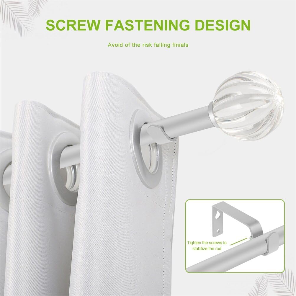 DAINTIER Curtain Rod 36-66 Inch Matte Silver Crystal Finial