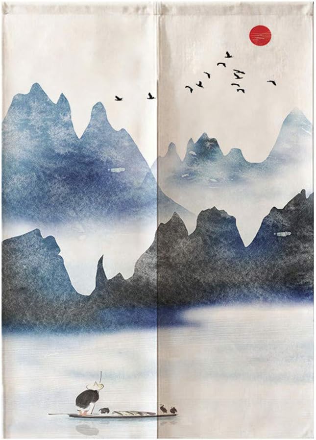 MYRU Japanese Noren Door Curtain Tapestry Black Mountain 335x59 Inches