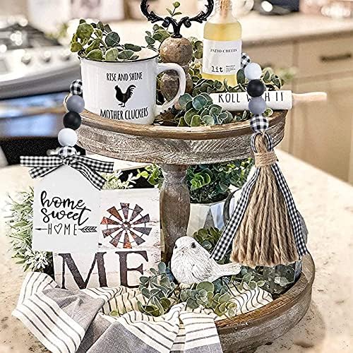 Farmhouse Plaid Wood Bead Garland with Tassel 40 Inch Decor