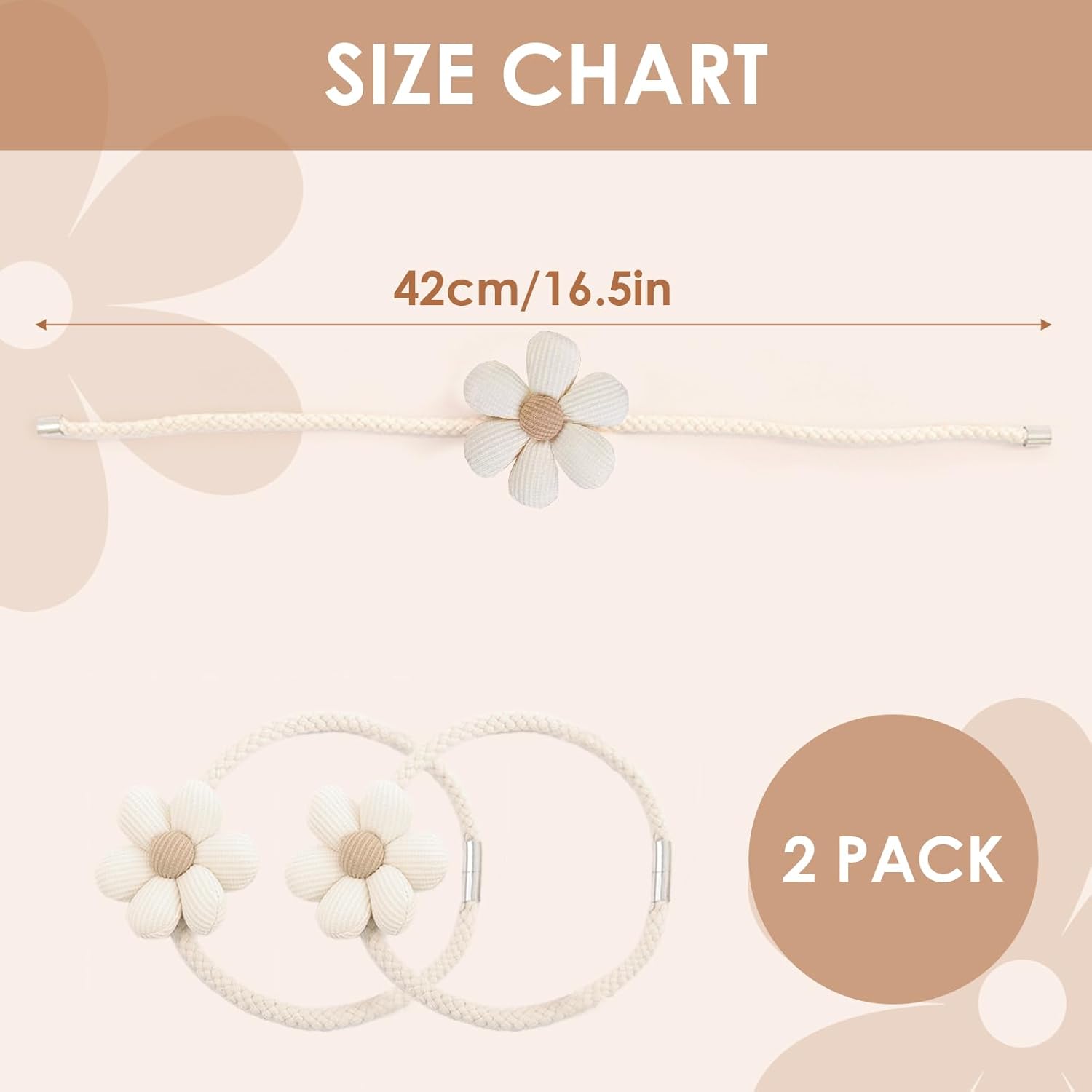 Magnetic Curtain Tiebacks 2 Pack Boho Flower Design Cream Beige