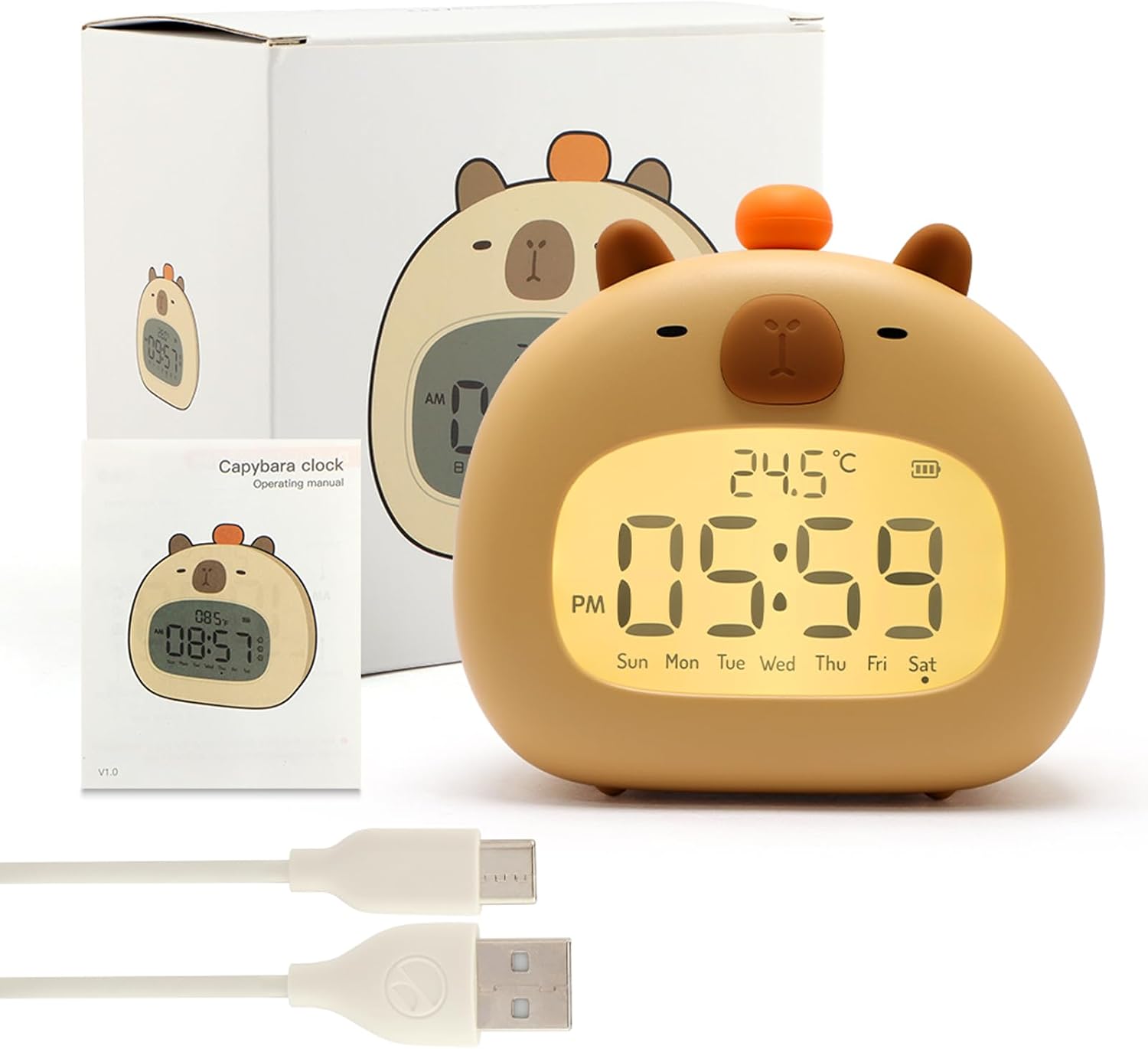 Capybara Kids Alarm Clock with Night Light and 3 Alarm Modes