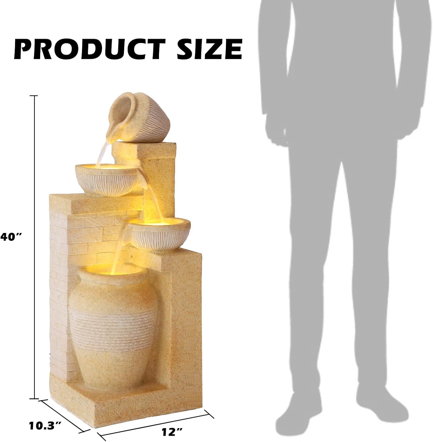 4-Tier Indoor Outdoor Water Feature Fountain with LED Lights Yellow