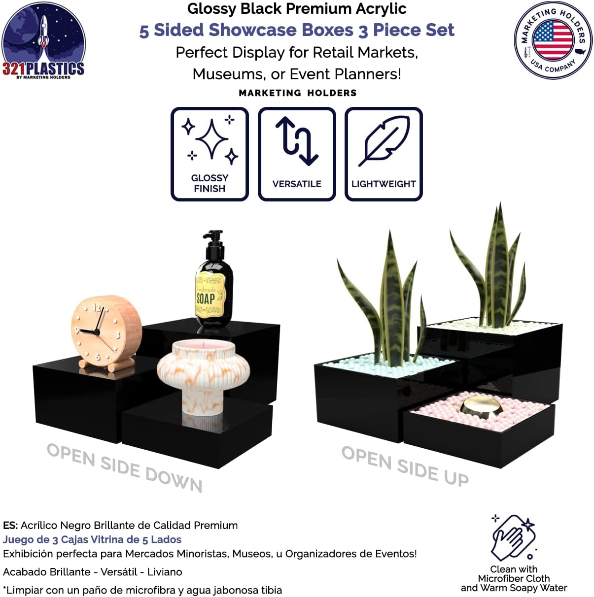 Marketing Holders 3 Piece Acrylic Display Riser Boxes Black