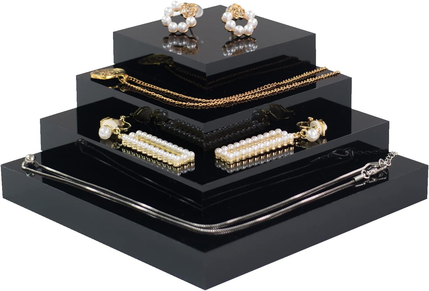 4Pcs Acrylic Square Display Stand Black Polished Cube Jewelry Showcase