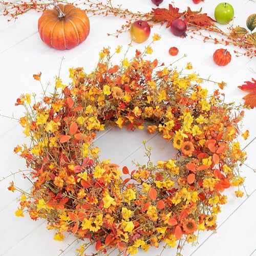 22 Inch Fall Wreath with Orange Eucalyptus and Berries