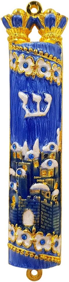 TALISMAN4U Blue Enamel Mezuzah Case with Gold Plated Crystals and Hebrew Scroll