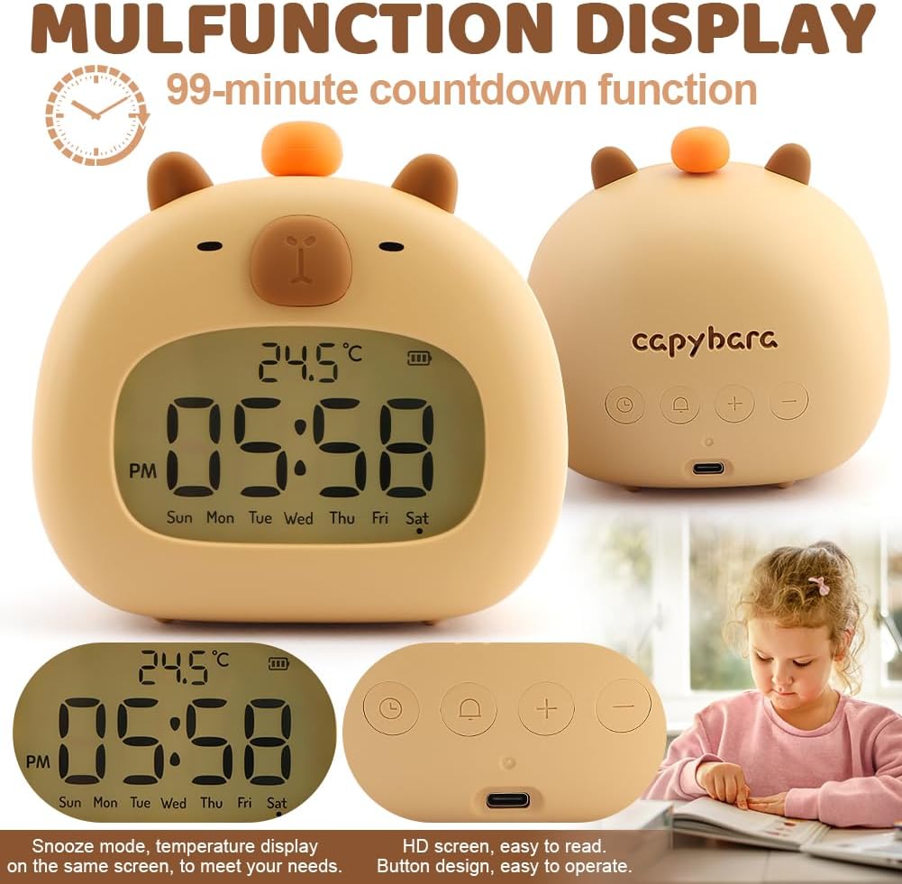 Capybara Kids Alarm Clock with Night Light and 3 Alarm Modes