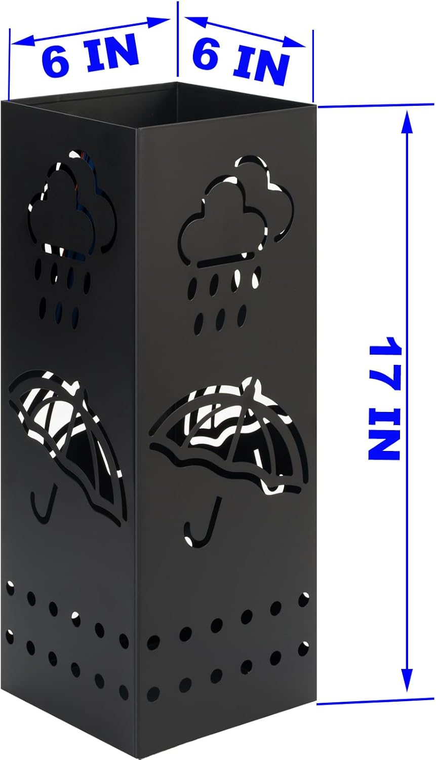 Black Square Metal Umbrella Stand Holder 6x6x17 Inch