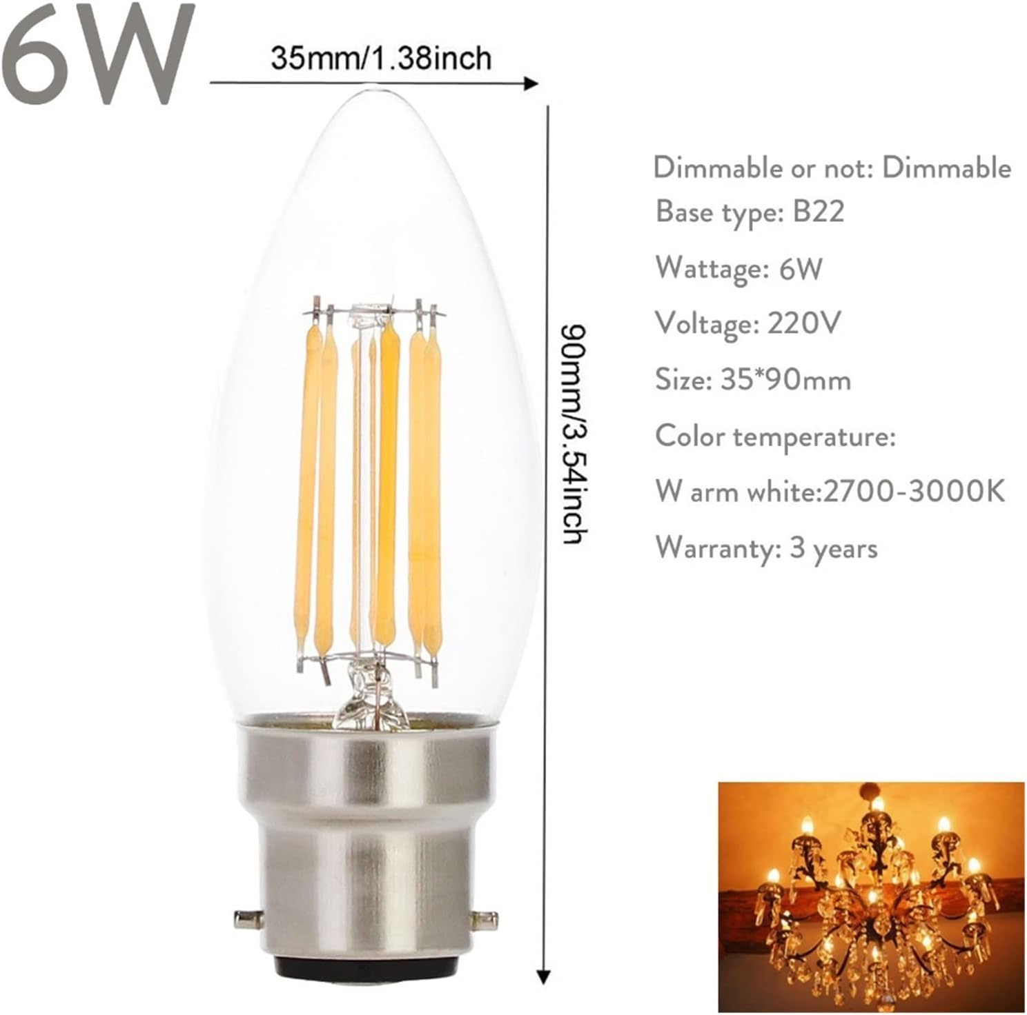 10pcs Dimmable 6w Candle Bulb LED Filament B22 Bayonet 220V Warm White Light