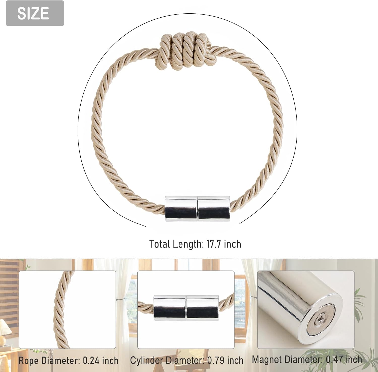Contoeey Magnetic Curtain Tiebacks 4 Pack Beige
