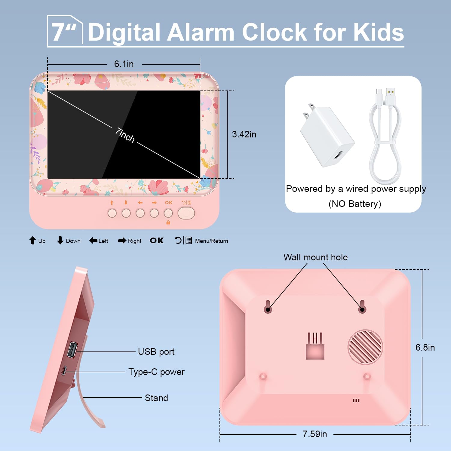 7 Inch Kids Alarm Clock with Timer and Snooze